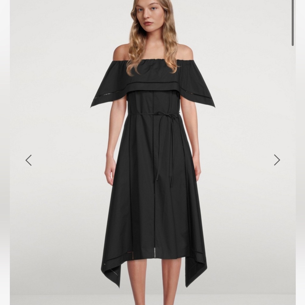 Theory Cotton Eyelet Midi Off The Shoulder Black Dress